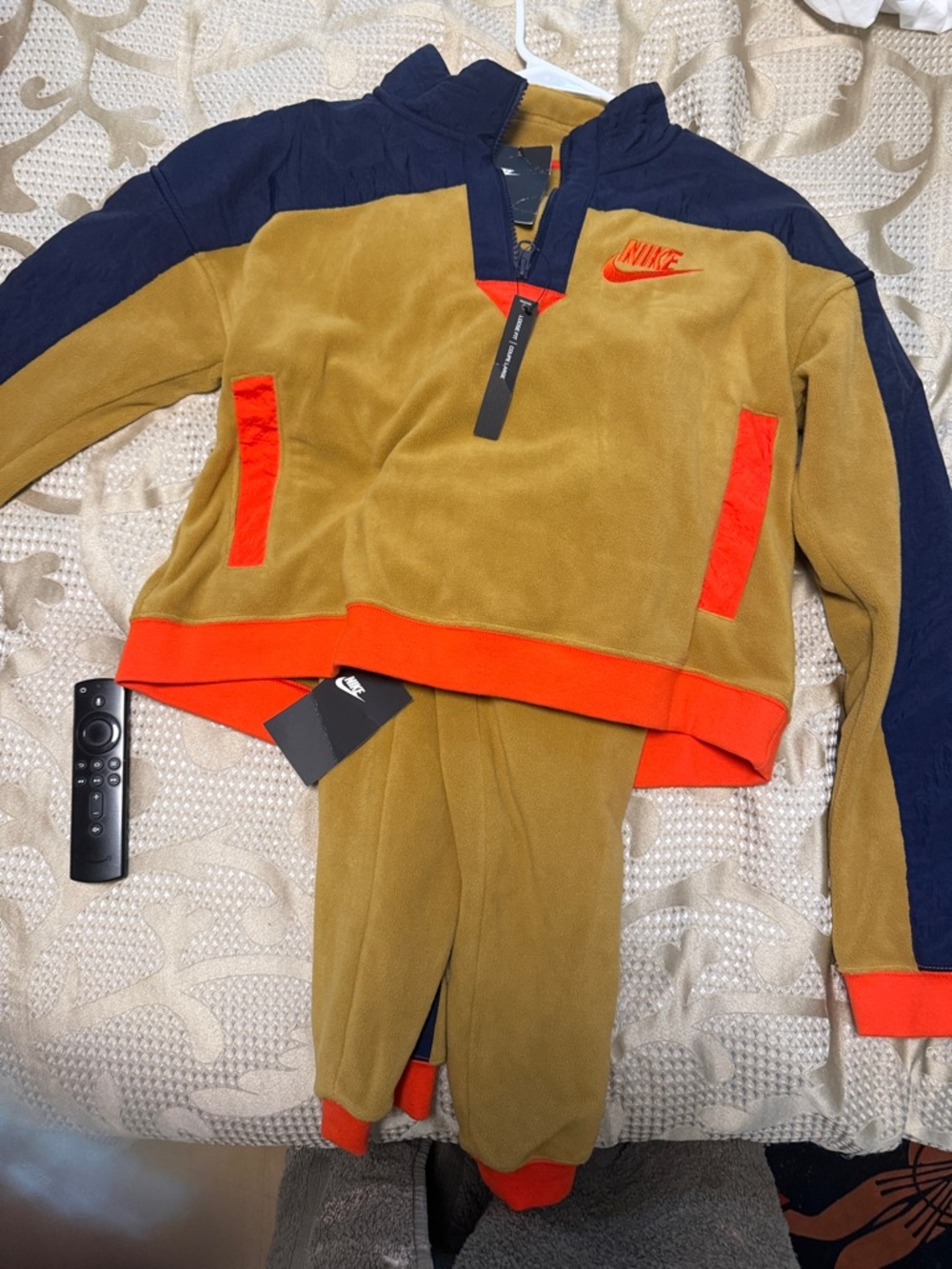 Nike Colorblock Fleece Pullover in Mustard, Navy & Orange
